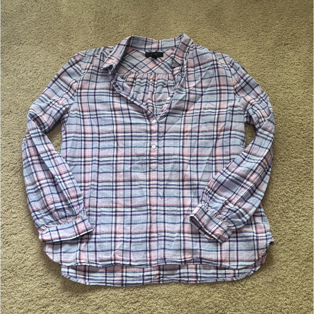 J Crew Women's Gathered Popover Button Up Shirt Lilac Plaid Pink Blue Size 6